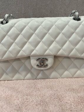 CHANEL Quilted Caviar Leather Flap Bag in White with Silver Hardware